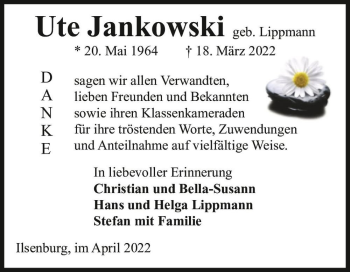 Traueranzeige von Ute Jankowski (geb. Lippmann)  von Magdeburger Volksstimme