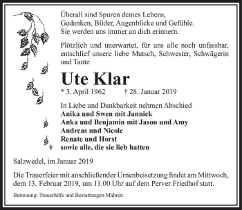 Traueranzeige von Ute Klar  von Magdeburger Volksstimme