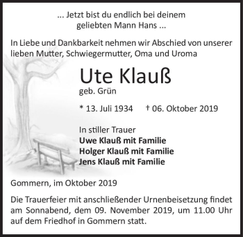 Traueranzeige von Ute Klauß (geb. Grün)  von Magdeburger Volksstimme