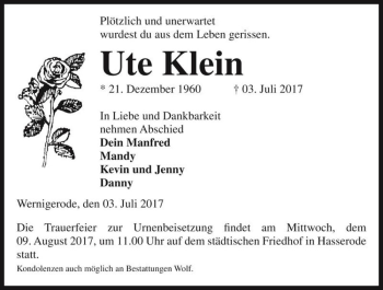 Traueranzeige von Ute Klein  von Magdeburger Volksstimme