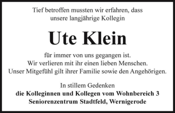 Traueranzeige von Ute Klein  von Magdeburger Volksstimme