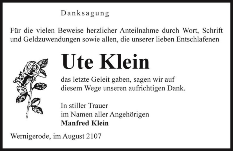  Traueranzeige für Ute Klein  vom 18.08.2017 aus Magdeburger Volksstimme