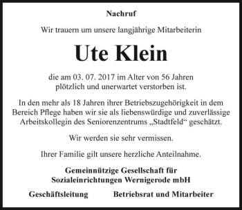 Traueranzeige von Ute Klein  von Magdeburger Volksstimme