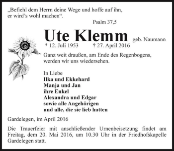 Traueranzeige von Ute Klemm (geb. Naumann)  von Magdeburger Volksstimme