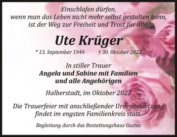 Traueranzeige von Ute Krüger  von Magdeburger Volksstimme
