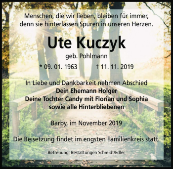Traueranzeige von Ute Kuczyk (geb. Pohlmann)  von Magdeburger Volksstimme
