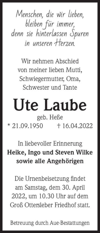 Traueranzeige von Ute Laube (geb. Heße)  von Magdeburger Volksstimme