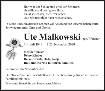 Traueranzeige von Ute Malkowski (geb. Pfützner)  von Magdeburger Volksstimme