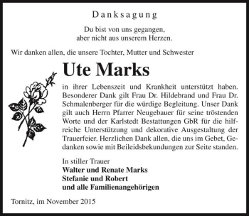 Traueranzeige von Ute Marks  von Magdeburger Volksstimme