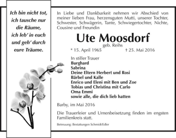 Traueranzeige von Ute Moosdorf (geb. Reihs)  von Magdeburger Volksstimme
