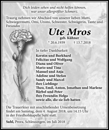 Traueranzeige von Ute Mros (geb. Kühner)  von Magdeburger Volksstimme