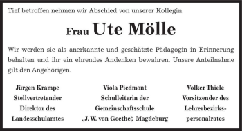 Traueranzeige von Ute Mölle  von Magdeburger Volksstimme