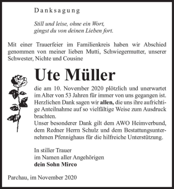Traueranzeige von Ute Müller  von Magdeburger Volksstimme
