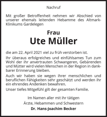 Traueranzeige von Ute Müller  von Magdeburger Volksstimme
