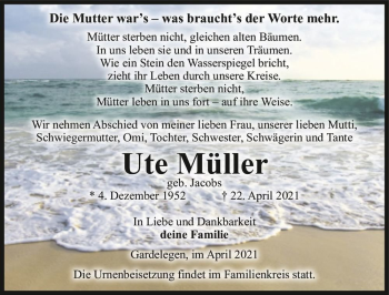Traueranzeige von Ute Müller (geb. Jacobs)  von Magdeburger Volksstimme