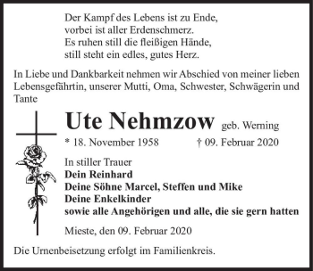 Traueranzeige von Ute Nehmzow (geb. Werning)  von Magdeburger Volksstimme