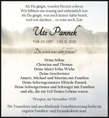 Traueranzeige von Ute Pannek  von Magdeburger Volksstimme
