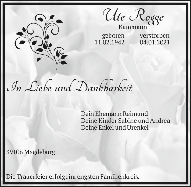  Traueranzeige für Ute Rogge (geb. Kammann)  vom 27.01.2021 aus Magdeburger Volksstimme