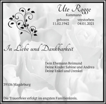 Traueranzeige von Ute Rogge (geb. Kammann)  von Magdeburger Volksstimme