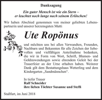 Traueranzeige von Ute Ropönus  von Magdeburger Volksstimme
