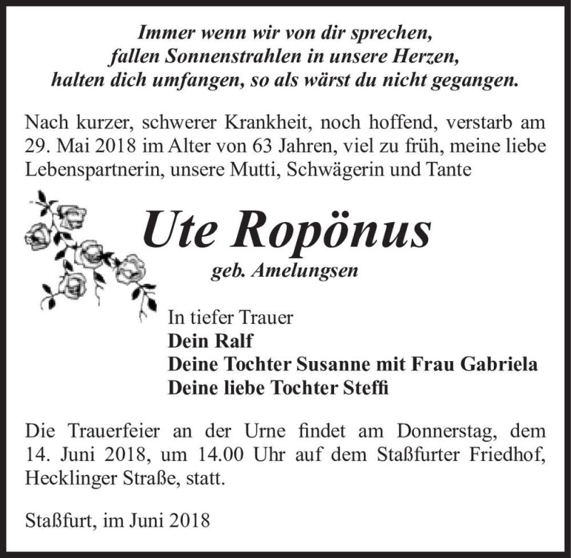 Traueranzeige für Ute Ropönus (geb. Amelungsen)  vom 09.06.2018 aus Magdeburger Volksstimme
