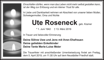 Traueranzeige von Ute Roseneck (geb. Kramer)  von Magdeburger Volksstimme
