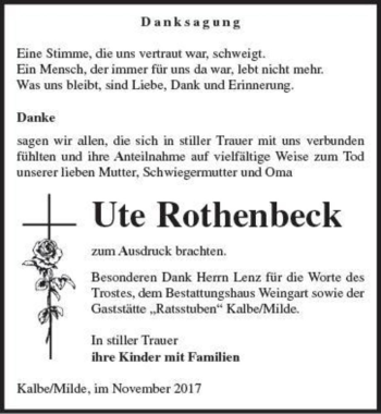 Traueranzeige von Ute Rothenbeck  von Magdeburger Volksstimme