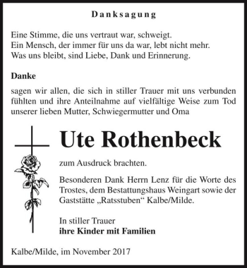 Traueranzeige von Ute Rothenbeck  von Magdeburger Volksstimme