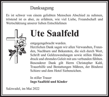 Traueranzeige von Ute Saalfeld  von Magdeburger Volksstimme