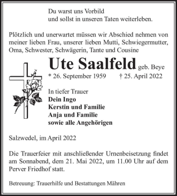Traueranzeige von Ute Saalfeld (geb. Beye)  von Magdeburger Volksstimme