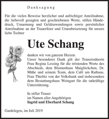 Traueranzeige von Ute Schang  von Magdeburger Volksstimme