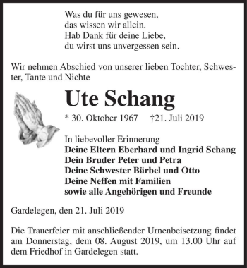 Traueranzeige von Ute Schang  von Magdeburger Volksstimme