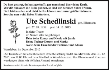 Traueranzeige von Ute Schedlinsk  von Magdeburger Volksstimme