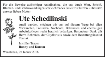 Traueranzeige von Ute Schedlinski  von Magdeburger Volksstimme