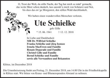 Traueranzeige von Ute Schielke (geb. Gille)  von Magdeburger Volksstimme