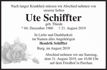 Traueranzeige von Ute Schiffter (geb. Thiede)  von Magdeburger Volksstimme
