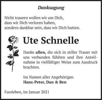 Traueranzeige von Ute Schnelle  von Magdeburger Volksstimme