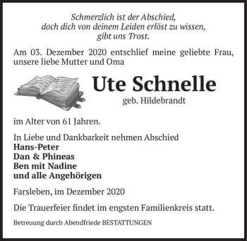 Traueranzeige von Ute Schnelle (geb. Hildebrandt)  von Magdeburger Volksstimme