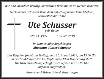 Traueranzeige von Ute Schusser (geb. Bauer)  von Magdeburger Volksstimme