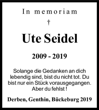 Traueranzeige von Ute Seidel  von Magdeburger Volksstimme