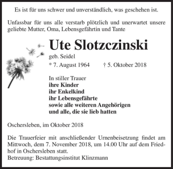 Traueranzeige von Ute Slotzczinski (geb. Seidel)  von Magdeburger Volksstimme