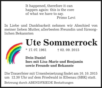 Traueranzeige von Ute Sommerrock  von Magdeburger Volksstimme