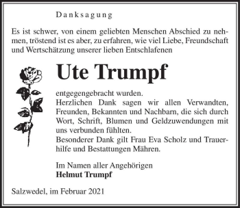 Traueranzeige von Ute Trumpf  von Magdeburger Volksstimme
