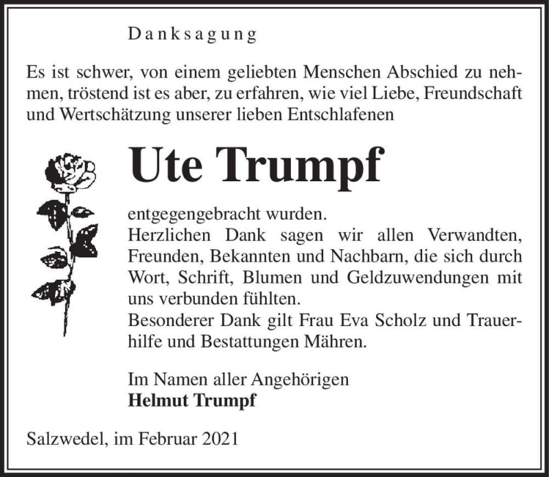  Traueranzeige für Ute Trumpf  vom 23.02.2021 aus Magdeburger Volksstimme