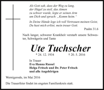 Traueranzeige von Ute Tuchscher  von Magdeburger Volksstimme