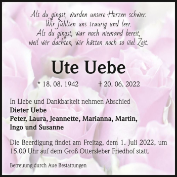 Traueranzeige von Ute Uebe  von Magdeburger Volksstimme