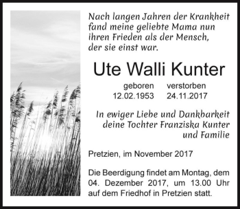 Traueranzeige von Ute Walli Kunter  von Magdeburger Volksstimme