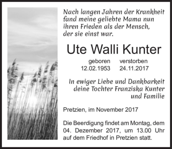 Traueranzeige von Ute Walli Kunter  von Magdeburger Volksstimme