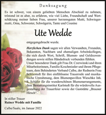 Traueranzeige von Ute Wedde  von Magdeburger Volksstimme