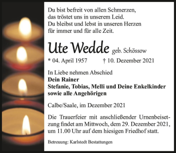 Traueranzeige von Ute Wedde (geb. Schössow)  von Magdeburger Volksstimme